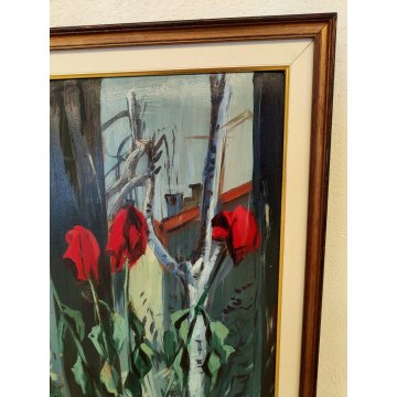 QUADRO DIPINTO OLIO TAVOLA Carlo Monti NATURA MORTA Vaso Fiori ROSE nell'ATELIER