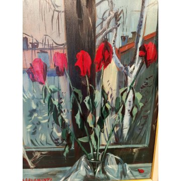 QUADRO DIPINTO OLIO TAVOLA Carlo Monti NATURA MORTA Vaso Fiori ROSE nell'ATELIER
