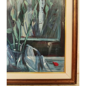 QUADRO DIPINTO OLIO TAVOLA Carlo Monti NATURA MORTA Vaso Fiori ROSE nell'ATELIER