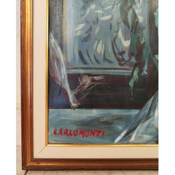 QUADRO DIPINTO OLIO TAVOLA Carlo Monti NATURA MORTA Vaso Fiori ROSE nell'ATELIER