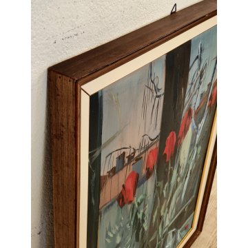 QUADRO DIPINTO OLIO TAVOLA Carlo Monti NATURA MORTA Vaso Fiori ROSE nell'ATELIER