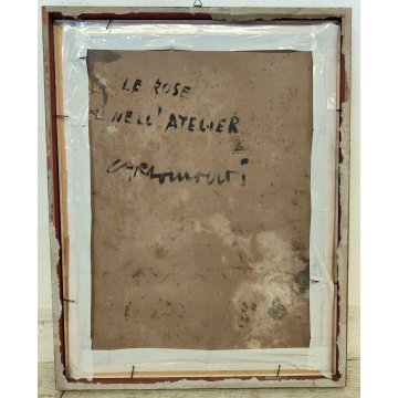 QUADRO DIPINTO OLIO TAVOLA Carlo Monti NATURA MORTA Vaso Fiori ROSE nell'ATELIER