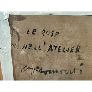 QUADRO DIPINTO OLIO TAVOLA Carlo Monti NATURA MORTA Vaso Fiori ROSE nell'ATELIER