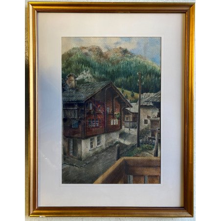 ANTICO DIPINTO ACQUERELLO Giov Bianchi PAESAGGIO MONTANO Macugnaga BAITE Walser