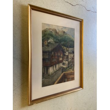 ANTICO DIPINTO ACQUERELLO Giov Bianchi PAESAGGIO MONTANO Macugnaga BAITE Walser
