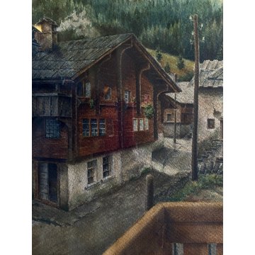 ANTICO DIPINTO ACQUERELLO Giov Bianchi PAESAGGIO MONTANO Macugnaga BAITE Walser