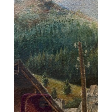 ANTICO DIPINTO ACQUERELLO Giov Bianchi PAESAGGIO MONTANO Macugnaga BAITE Walser