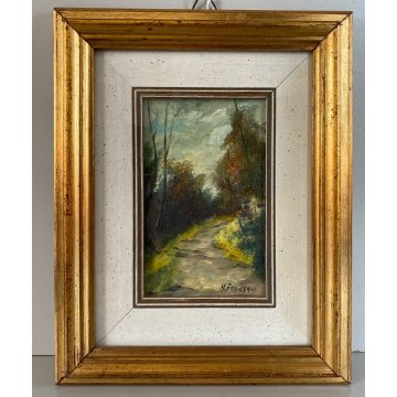 ANTICO PICCOLO QUADRO DIPINTO OLIO su RAME M. Fumagalli VEDUTA SENTIERO MONTAGNA
