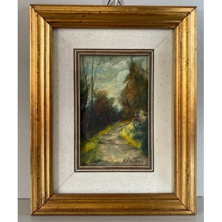 ANTICO PICCOLO QUADRO DIPINTO OLIO su RAME M. Fumagalli VEDUTA SENTIERO MONTAGNA