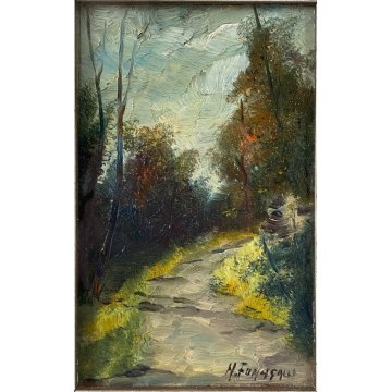 ANTICO PICCOLO QUADRO DIPINTO OLIO su RAME M. Fumagalli VEDUTA SENTIERO MONTAGNA