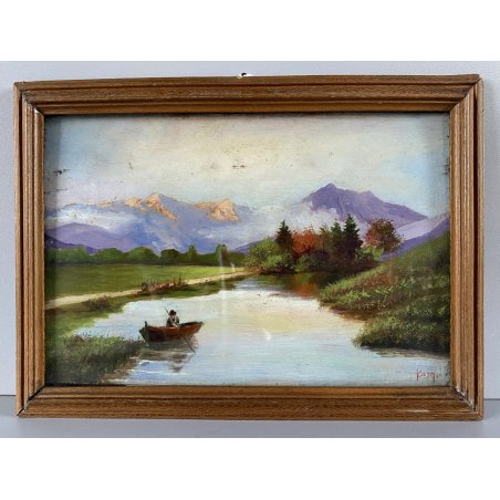 ANTICO PICCOLO QUADRO DIPINTO OLIO Kam. VEDUTA LAGO MONTAGNA BARCA con PESCATORE