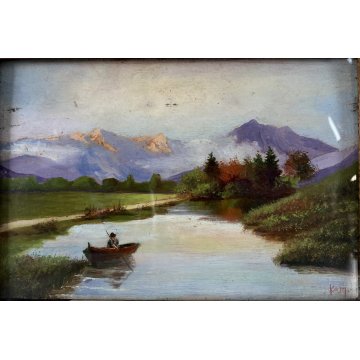 ANTICO PICCOLO QUADRO DIPINTO OLIO Kam. VEDUTA LAGO MONTAGNA BARCA con PESCATORE