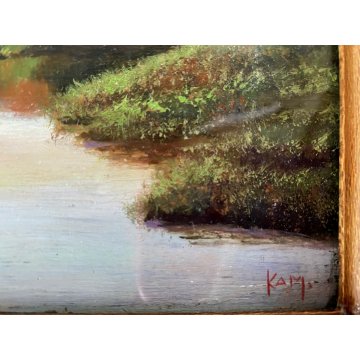 ANTICO PICCOLO QUADRO DIPINTO OLIO Kam. VEDUTA LAGO MONTAGNA BARCA con PESCATORE