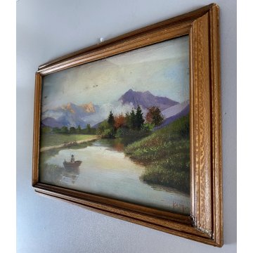 ANTICO PICCOLO QUADRO DIPINTO OLIO Kam. VEDUTA LAGO MONTAGNA BARCA con PESCATORE