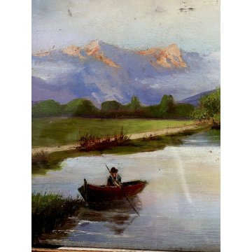 ANTICO PICCOLO QUADRO DIPINTO OLIO Kam. VEDUTA LAGO MONTAGNA BARCA con PESCATORE
