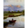 ANTICO PICCOLO QUADRO DIPINTO OLIO Kam. VEDUTA LAGO MONTAGNA BARCA con PESCATORE