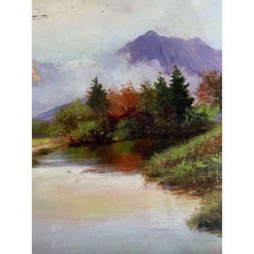 ANTICO PICCOLO QUADRO DIPINTO OLIO Kam. VEDUTA LAGO MONTAGNA BARCA con PESCATORE