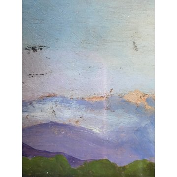 ANTICO PICCOLO QUADRO DIPINTO OLIO Kam. VEDUTA LAGO MONTAGNA BARCA con PESCATORE