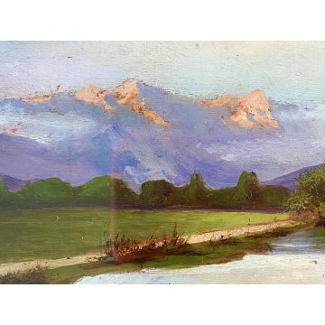ANTICO PICCOLO QUADRO DIPINTO OLIO Kam. VEDUTA LAGO MONTAGNA BARCA con PESCATORE
