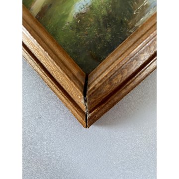 ANTICO PICCOLO QUADRO DIPINTO OLIO Kam. VEDUTA LAGO MONTAGNA BARCA con PESCATORE