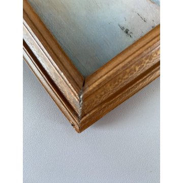 ANTICO PICCOLO QUADRO DIPINTO OLIO Kam. VEDUTA LAGO MONTAGNA BARCA con PESCATORE
