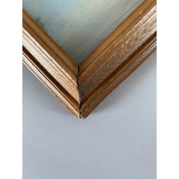 ANTICO PICCOLO QUADRO DIPINTO OLIO Kam. VEDUTA LAGO MONTAGNA BARCA con PESCATORE