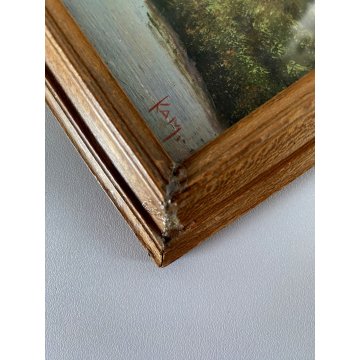 ANTICO PICCOLO QUADRO DIPINTO OLIO Kam. VEDUTA LAGO MONTAGNA BARCA con PESCATORE