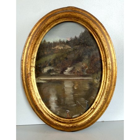 ANTICO DIPINTO OLIO CARTONE PAESAGGIO LACUSTRE SCENA CONVIVIALE DAME PESCA '900