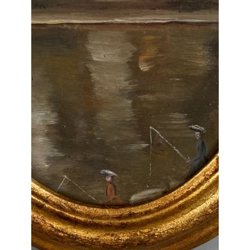 ANTICO DIPINTO OLIO CARTONE PAESAGGIO LACUSTRE SCENA CONVIVIALE DAME PESCA '900