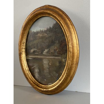ANTICO DIPINTO OLIO CARTONE PAESAGGIO LACUSTRE SCENA CONVIVIALE DAME PESCA '900