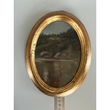 ANTICO DIPINTO OLIO CARTONE PAESAGGIO LACUSTRE SCENA CONVIVIALE DAME PESCA '900
