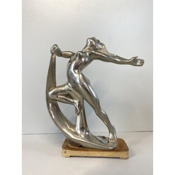 ANTICA SCULTURA LIBERTY METALLO CROMATO NUDO FIGURA FEMMINILE  MEZZA LUNA '800