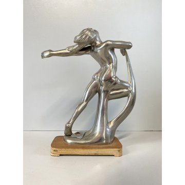 ANTICA SCULTURA LIBERTY METALLO CROMATO NUDO FIGURA FEMMINILE  MEZZA LUNA '800