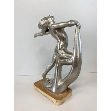 ANTICA SCULTURA LIBERTY METALLO CROMATO NUDO FIGURA FEMMINILE  MEZZA LUNA '800