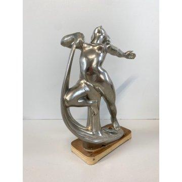 ANTICA SCULTURA LIBERTY METALLO CROMATO NUDO FIGURA FEMMINILE  MEZZA LUNA '800