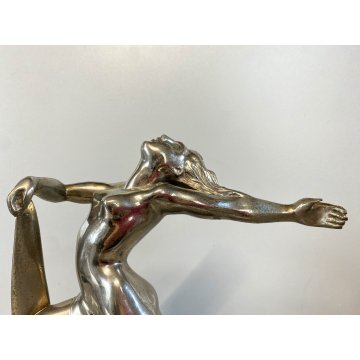 ANTICA SCULTURA LIBERTY METALLO CROMATO NUDO FIGURA FEMMINILE  MEZZA LUNA '800