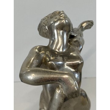 ANTICA SCULTURA LIBERTY METALLO CROMATO NUDO FIGURA FEMMINILE  MEZZA LUNA '800