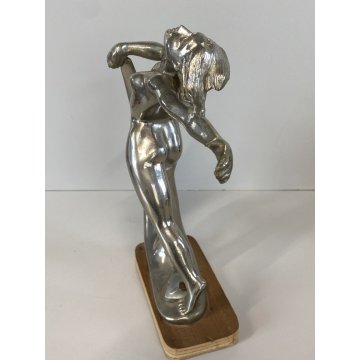 ANTICA SCULTURA LIBERTY METALLO CROMATO NUDO FIGURA FEMMINILE  MEZZA LUNA '800