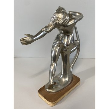 ANTICA SCULTURA LIBERTY METALLO CROMATO NUDO FIGURA FEMMINILE  MEZZA LUNA '800