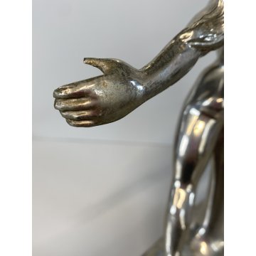 ANTICA SCULTURA LIBERTY METALLO CROMATO NUDO FIGURA FEMMINILE  MEZZA LUNA '800