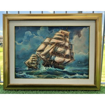 QUADRO DIPINTO OLIO TELA Luciano Lutring 1993 PAESAGGIO MARINA Velieri sul Mare
