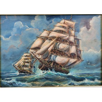 QUADRO DIPINTO OLIO TELA Luciano Lutring 1993 PAESAGGIO MARINA Velieri sul Mare