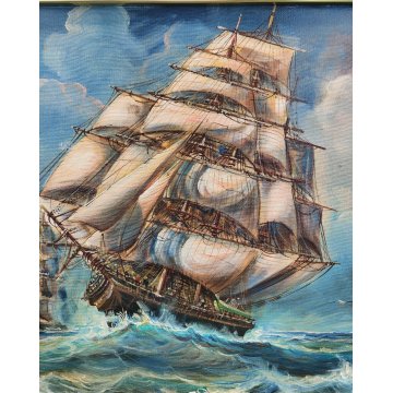 QUADRO DIPINTO OLIO TELA Luciano Lutring 1993 PAESAGGIO MARINA Velieri sul Mare