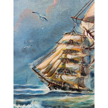 QUADRO DIPINTO OLIO TELA Luciano Lutring 1993 PAESAGGIO MARINA Velieri sul Mare