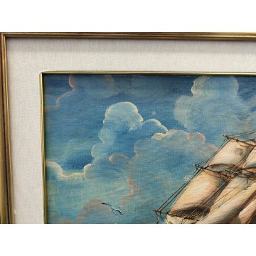 QUADRO DIPINTO OLIO TELA Luciano Lutring 1993 PAESAGGIO MARINA Velieri sul Mare
