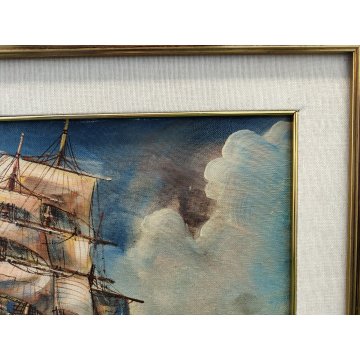 QUADRO DIPINTO OLIO TELA Luciano Lutring 1993 PAESAGGIO MARINA Velieri sul Mare