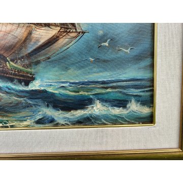 QUADRO DIPINTO OLIO TELA Luciano Lutring 1993 PAESAGGIO MARINA Velieri sul Mare