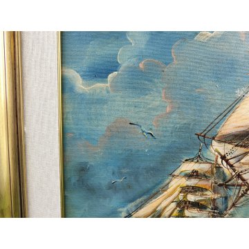 QUADRO DIPINTO OLIO TELA Luciano Lutring 1993 PAESAGGIO MARINA Velieri sul Mare