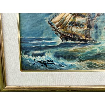 QUADRO DIPINTO OLIO TELA Luciano Lutring 1993 PAESAGGIO MARINA Velieri sul Mare