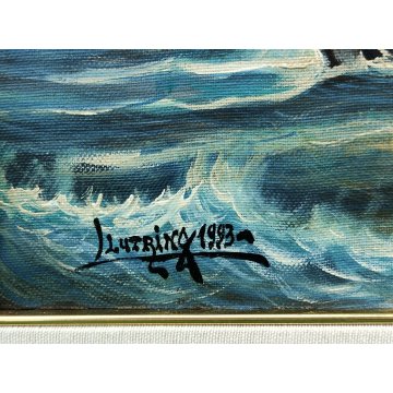 QUADRO DIPINTO OLIO TELA Luciano Lutring 1993 PAESAGGIO MARINA Velieri sul Mare